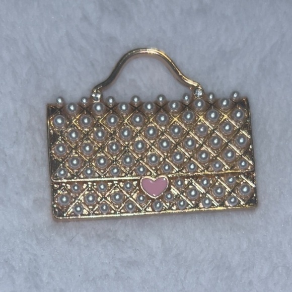 Purse Bag Brooch Gold and Pink with Heart Faux Pearl Detail - Picture 2 of 3